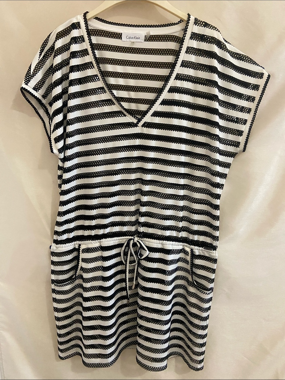 Calvin Klein Black & White Striped V-Neck Drawstring Tunic